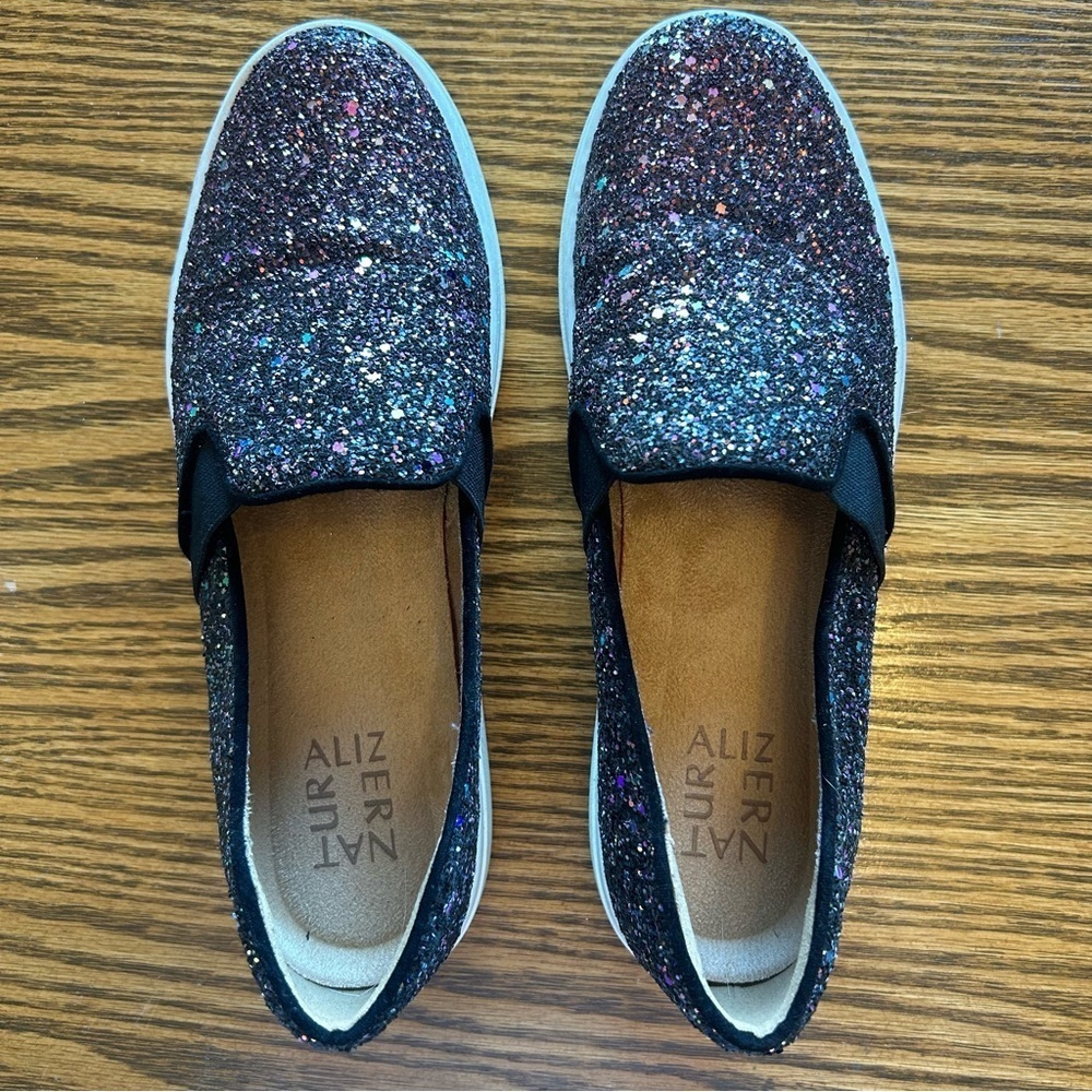 Naturalizer Glitter Cushioned Slip-on Sneakers - Black and Multicolor Size 7